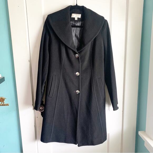 Anne Klein Wool Cashmere Blend Midi Length Pea Coat Large Rounded Neckline Black - Picture 1 of 14